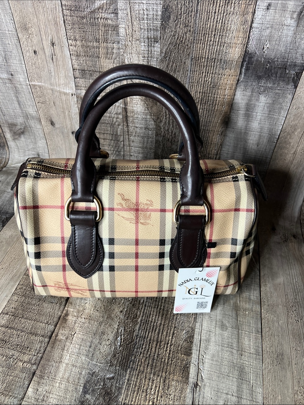 Burberry Classic Plaid Satchel Handbag with Dark Brown Trim